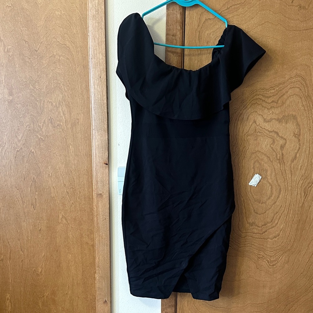 Privy Black Asymmetrical Off-Shoulder Dress
